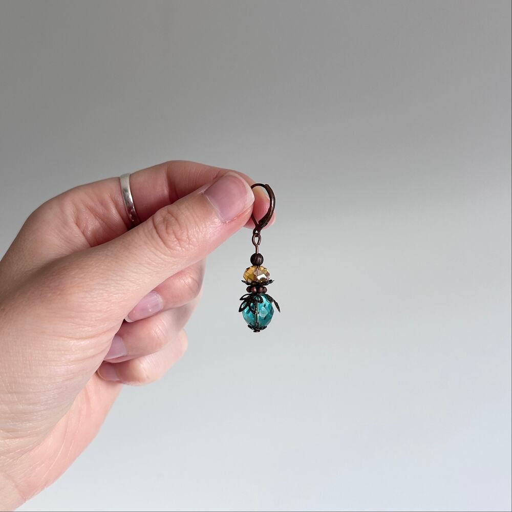 Handmade Teal Peach Beads Bronze Tone Accents Lever Back Closure Dangle Earrings